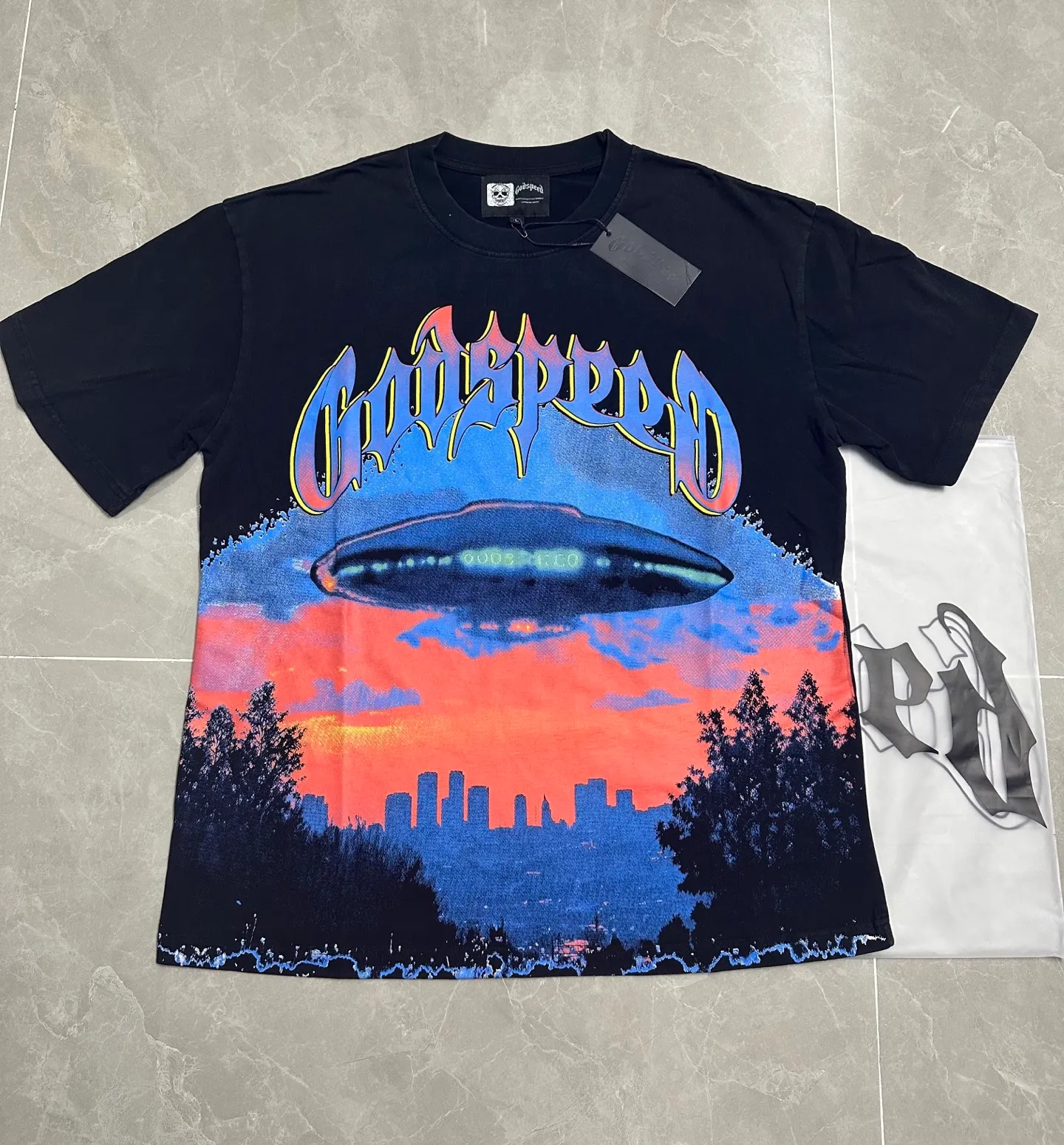 6140# washed black I P116 Godspeed cross-border American rock and roll street washed retro style short-sleeved T (craft printing) fabric (fabric): 32 count combed double yarn 250 grams weight code number (size): S-M-L-XL color (colour): washed black