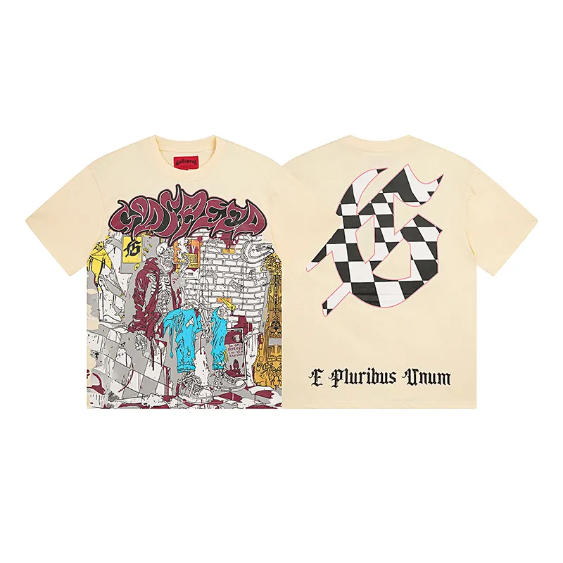 3036# P110 Real shot Godspeed American fashion rock street retro loose printed cotton short sleeves Fabric: 240g 32 count fine cotton double yarn pure cotton Color: apricot Size: S M L XL