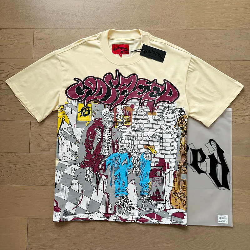 3036# P110 Real shot Godspeed American fashion rock street retro loose printed cotton short sleeves Fabric: 240g 32 count fine cotton double yarn pure cotton Color: apricot Size: S M L XL