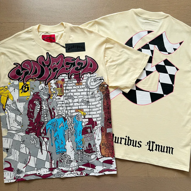 3036# P110 Real shot Godspeed American fashion rock street retro loose printed cotton short sleeves Fabric: 240g 32 count fine cotton double yarn pure cotton Color: apricot Size: S M L XL