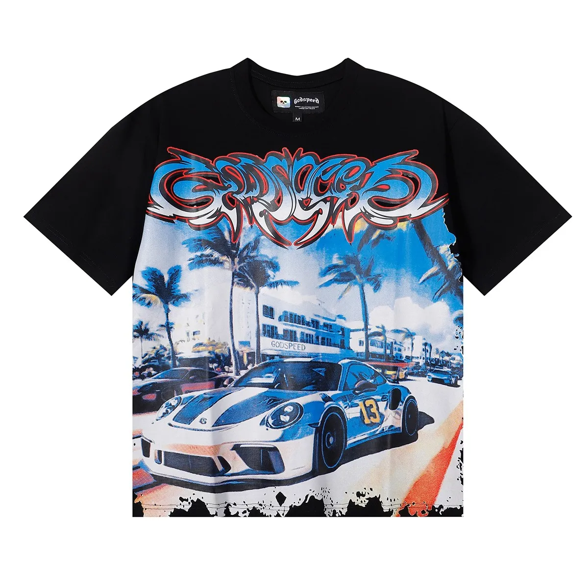 No. 7075, Mechao Godspeed supercar beach road printing high quality double yarn pure cotton casual short-sleeved T-shirt batch 110 Color: black, white, blue; Size: S M L XL