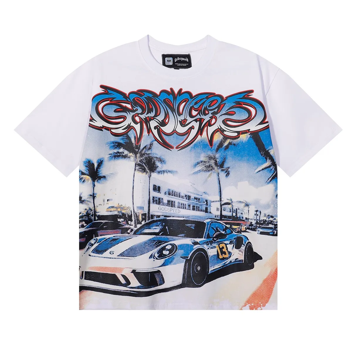 No. 7075, Mechao Godspeed supercar beach road printing high quality double yarn pure cotton casual short-sleeved T-shirt batch 110 Color: black, white, blue; Size: S M L XL