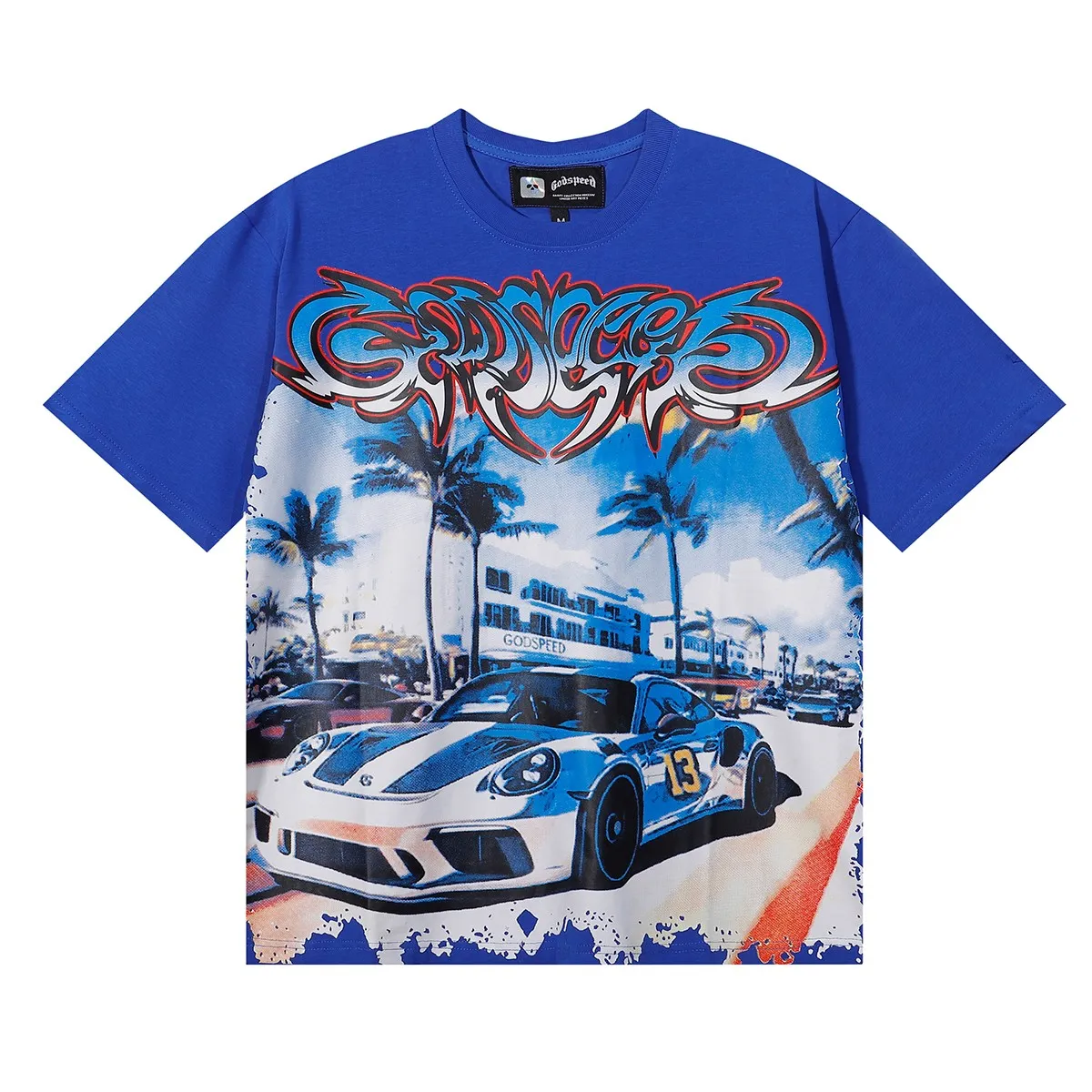No. 7075, Mechao Godspeed supercar beach road printing high quality double yarn pure cotton casual short-sleeved T-shirt batch 110 Color: black, white, blue; Size: S M L XL