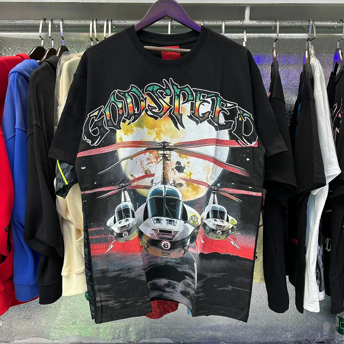 No. 7035, real photo, Mechao Godspeed helicopter printing high quality double yarn pure cotton casual short-sleeved T-shirt batch 110 Color: black; Size: S M L XL