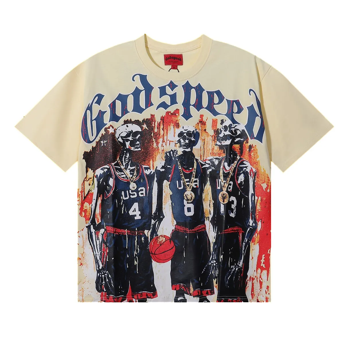 No. 7003, Mechao Godspeed Basketball Dream Team Trident printed high-quality double yarn pure cotton casual short-sleeved T-shirt batch 110 Color: black, apricot; Size: S M L XL