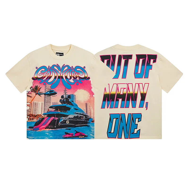 3109# P882l Real shot Godspeed American fashion rock street retro loose printed cotton short sleeves Fabric: 240g 32 count fine cotton double yarn pure cotton Color: apricot Size: S M L XL