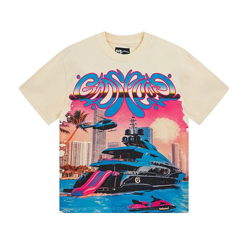 3109# P882l Real shot Godspeed American fashion rock street retro loose printed cotton short sleeves Fabric: 240g 32 count fine cotton double yarn pure cotton Color: apricot Size: S M L XL