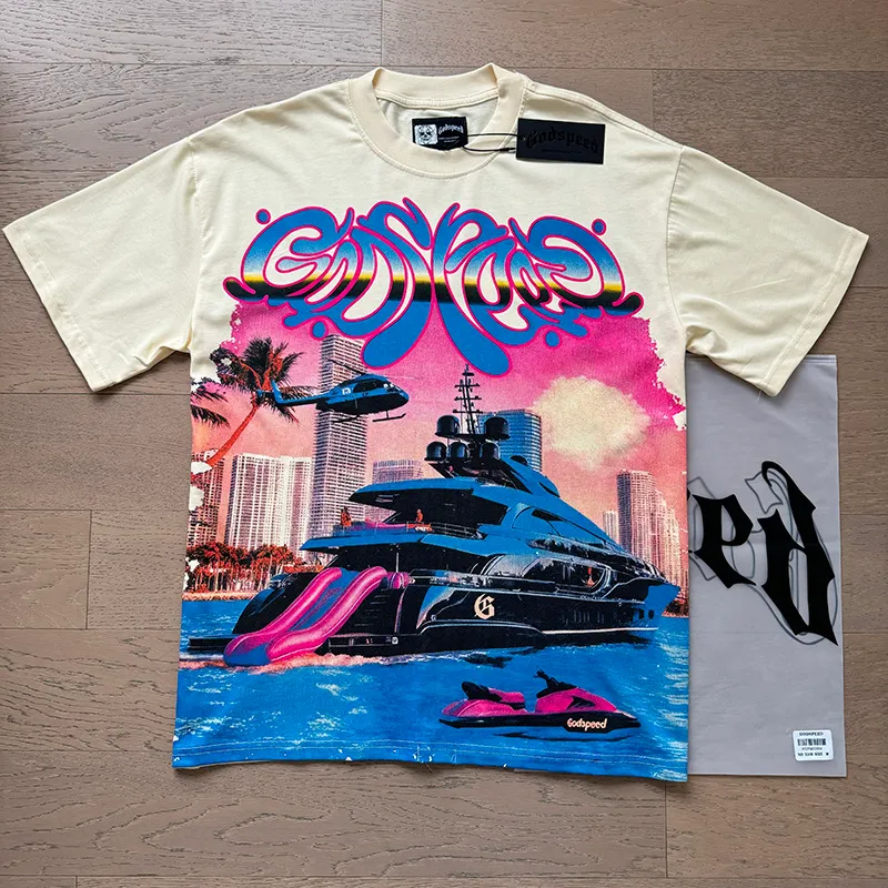 3109# P882l Real shot Godspeed American fashion rock street retro loose printed cotton short sleeves Fabric: 240g 32 count fine cotton double yarn pure cotton Color: apricot Size: S M L XL
