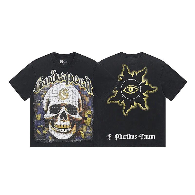 1039# P126 Washed Black Real Shot Godspeed American Fashion Rock Street Retro Washed Distressed Printed Pure Cotton Short Sleeves Fabric: 250g 32 Count Fine Cotton Double Yarn Pure Cotton Color: Washed Black Size: S M L XL