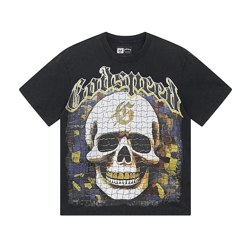 1039# P126 Washed Black Real Shot Godspeed American Fashion Rock Street Retro Washed Distressed Printed Pure Cotton Short Sleeves Fabric: 250g 32 Count Fine Cotton Double Yarn Pure Cotton Color: Washed Black Size: S M L XL