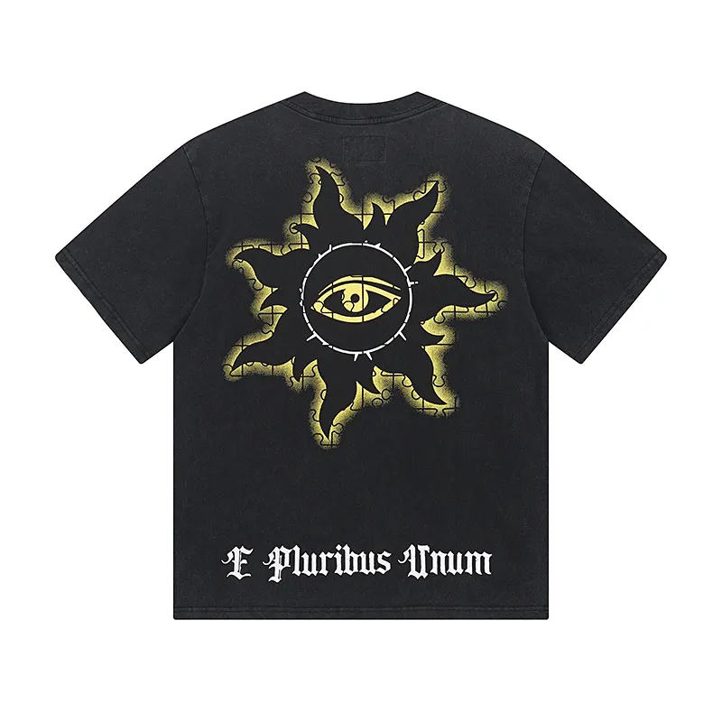 1039# P126 Washed Black Real Shot Godspeed American Fashion Rock Street Retro Washed Distressed Printed Pure Cotton Short Sleeves Fabric: 250g 32 Count Fine Cotton Double Yarn Pure Cotton Color: Washed Black Size: S M L XL