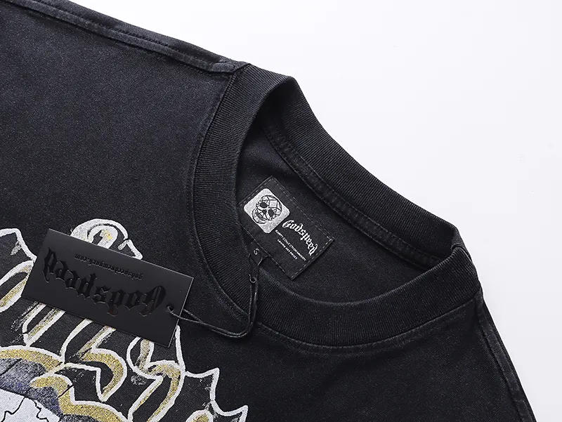 1039# P126 Washed Black Real Shot Godspeed American Fashion Rock Street Retro Washed Distressed Printed Pure Cotton Short Sleeves Fabric: 250g 32 Count Fine Cotton Double Yarn Pure Cotton Color: Washed Black Size: S M L XL