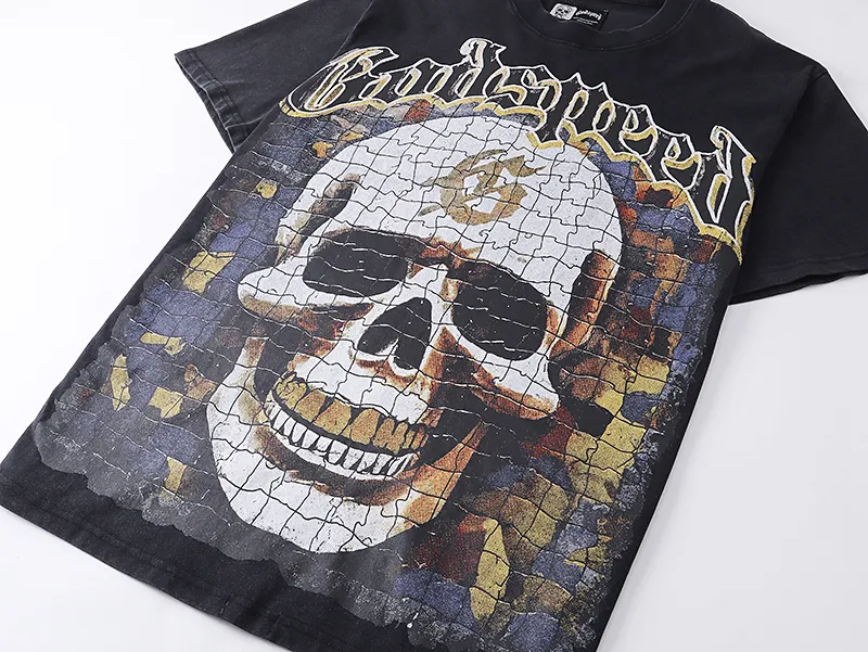 1039# P126 Washed Black Real Shot Godspeed American Fashion Rock Street Retro Washed Distressed Printed Pure Cotton Short Sleeves Fabric: 250g 32 Count Fine Cotton Double Yarn Pure Cotton Color: Washed Black Size: S M L XL