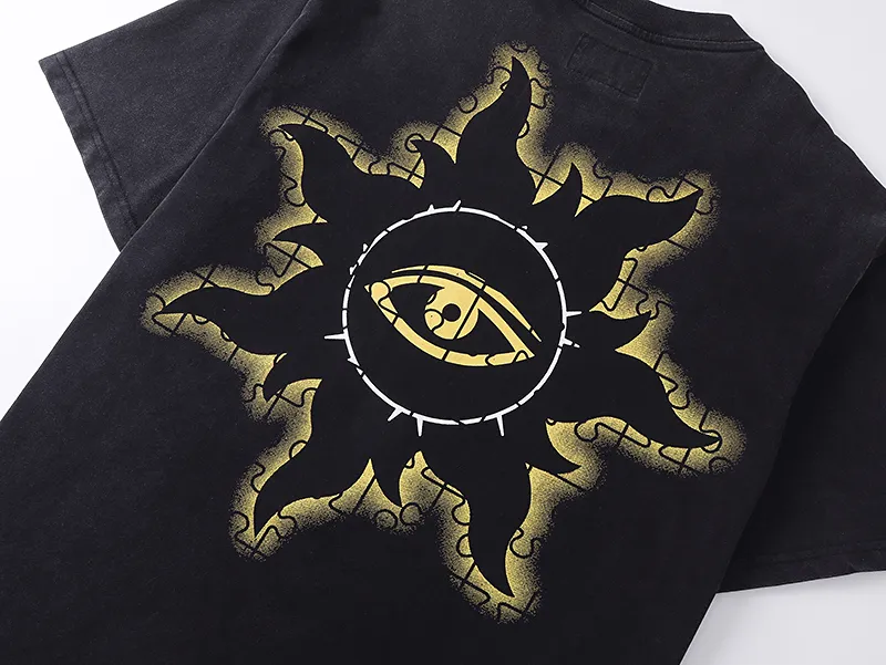 1039# P126 Washed Black Real Shot Godspeed American Fashion Rock Street Retro Washed Distressed Printed Pure Cotton Short Sleeves Fabric: 250g 32 Count Fine Cotton Double Yarn Pure Cotton Color: Washed Black Size: S M L XL