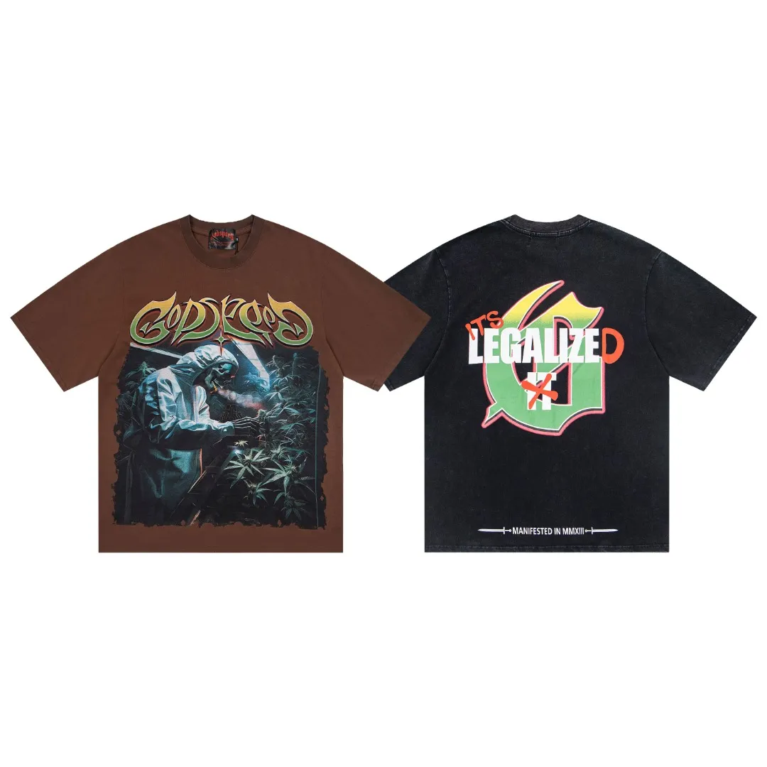 G63# GodSpeed ​​white ink direct-print short-sleeved S-XL size black (washed) P126 brown (washed) P126