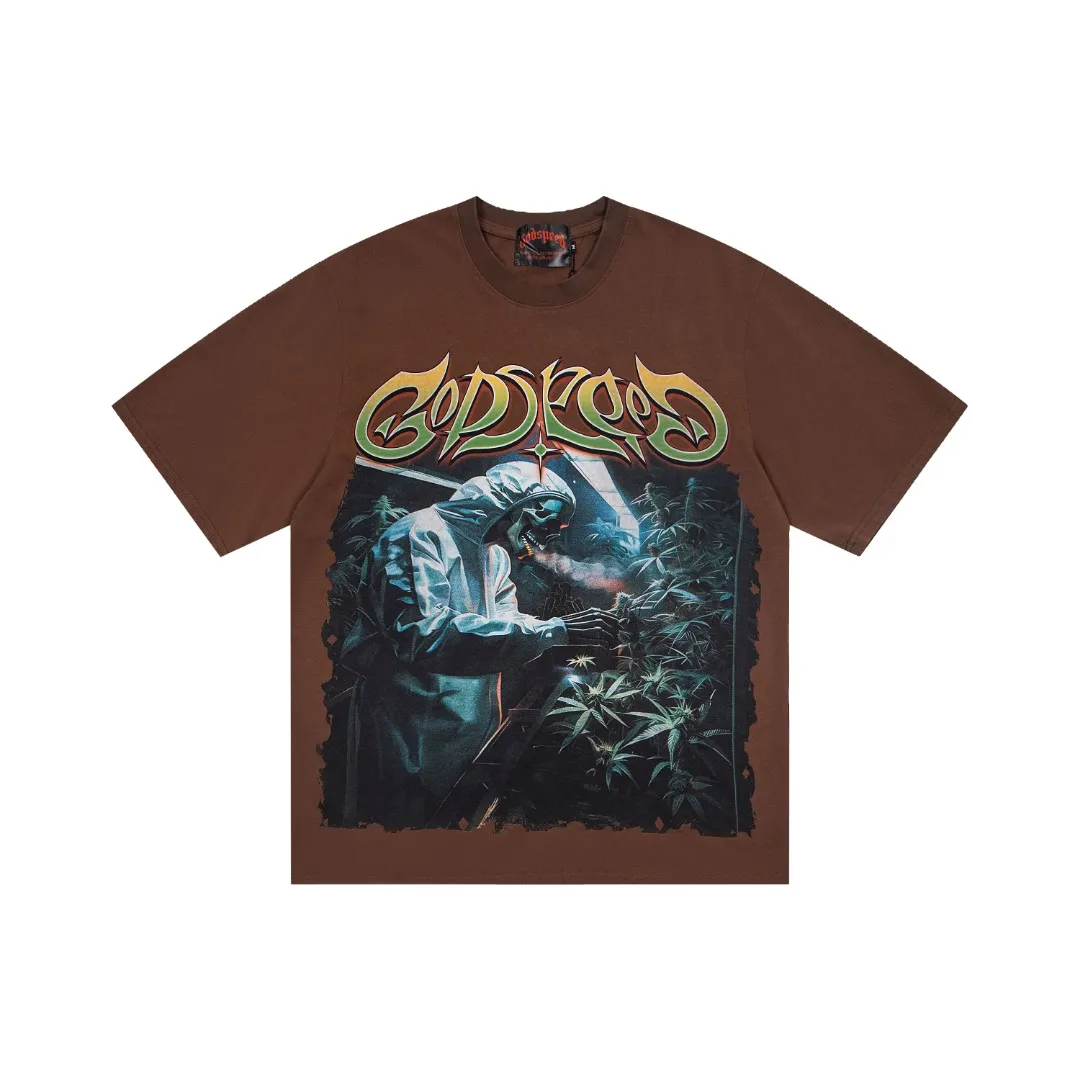 G63# GodSpeed ​​white ink direct-print short-sleeved S-XL size black (washed) P126 brown (washed) P126