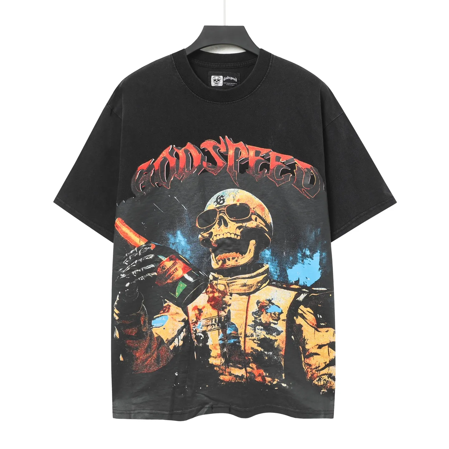 6019#washed black｜P116 Godspeed cross-border American rock and roll street washed retro style short-sleeved T (craft printing) fabric (fabric): 32 count combed double yarn 250g weight size (size): S-M-L-XL color (colour): washed black 👉