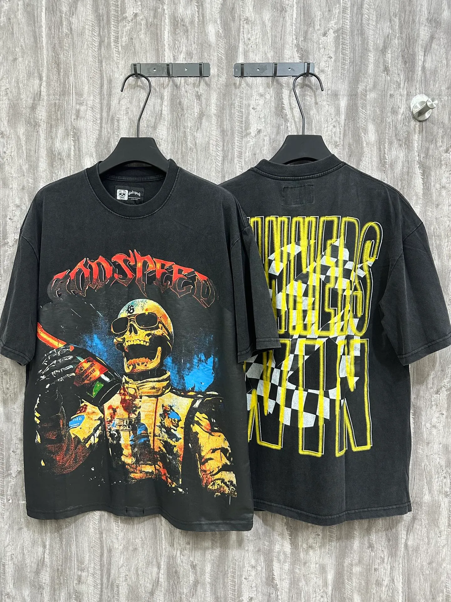 6019#washed black｜P116 Godspeed cross-border American rock and roll street washed retro style short-sleeved T (craft printing) fabric (fabric): 32 count combed double yarn 250g weight size (size): S-M-L-XL color (colour): washed black 👉