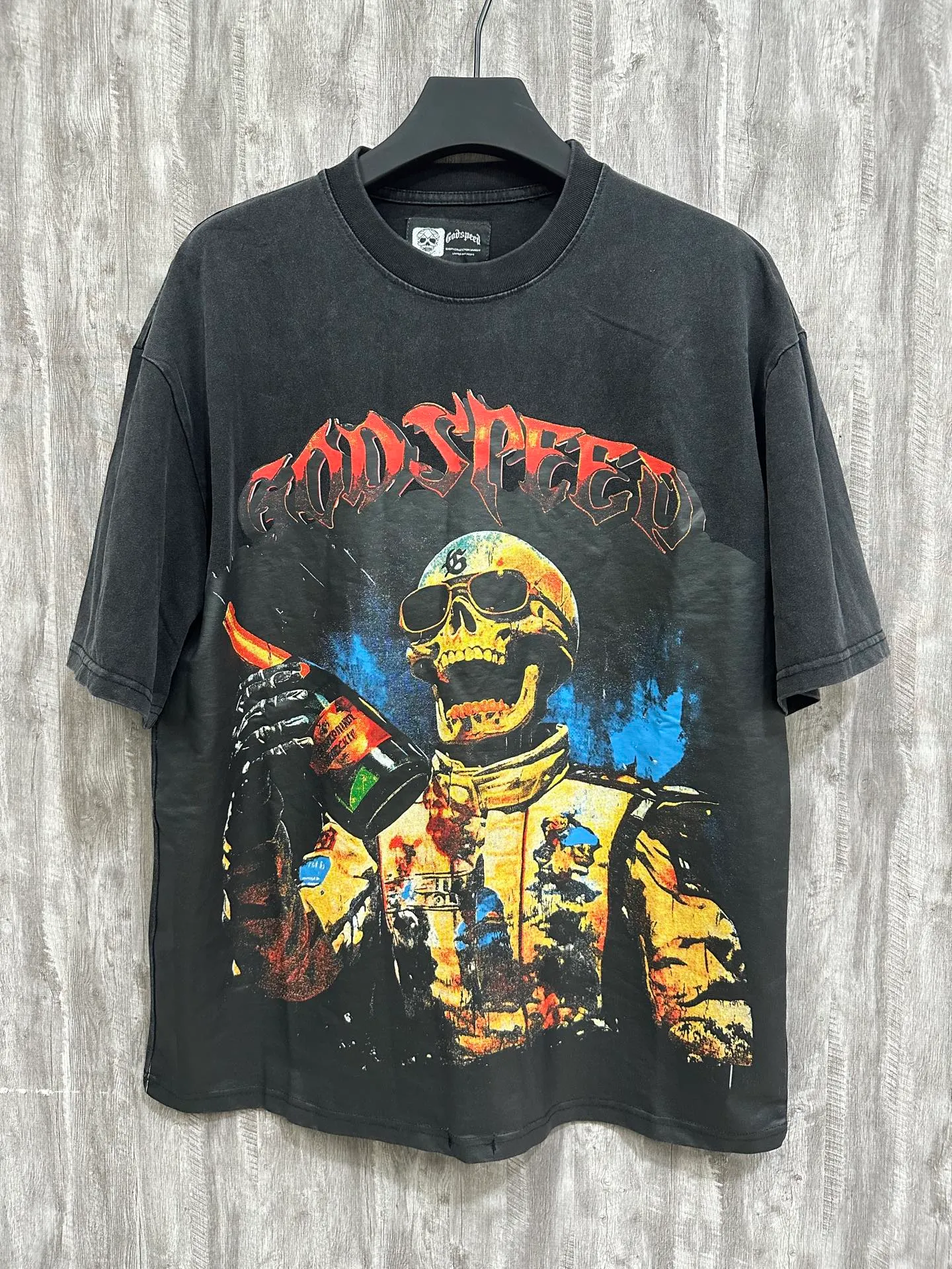 6019#washed black｜P116 Godspeed cross-border American rock and roll street washed retro style short-sleeved T (craft printing) fabric (fabric): 32 count combed double yarn 250g weight size (size): S-M-L-XL color (colour): washed black 👉