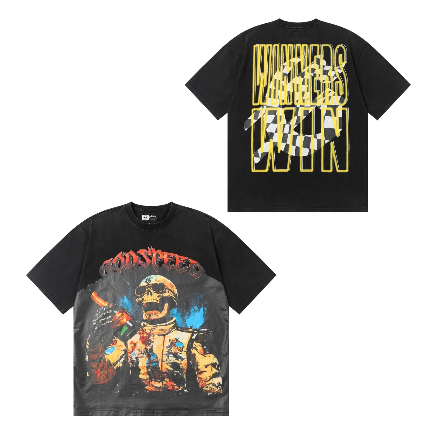 6019#washed black｜P116 Godspeed cross-border American rock and roll street washed retro style short-sleeved T (craft printing) fabric (fabric): 32 count combed double yarn 250g weight size (size): S-M-L-XL color (colour): washed black 👉