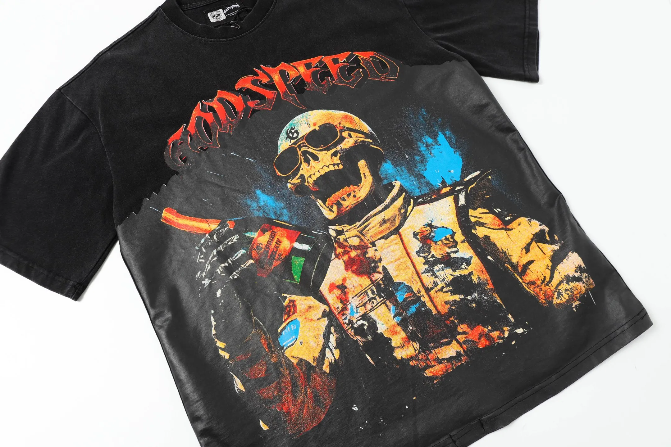 6019#washed black｜P116 Godspeed cross-border American rock and roll street washed retro style short-sleeved T (craft printing) fabric (fabric): 32 count combed double yarn 250g weight size (size): S-M-L-XL color (colour): washed black 👉