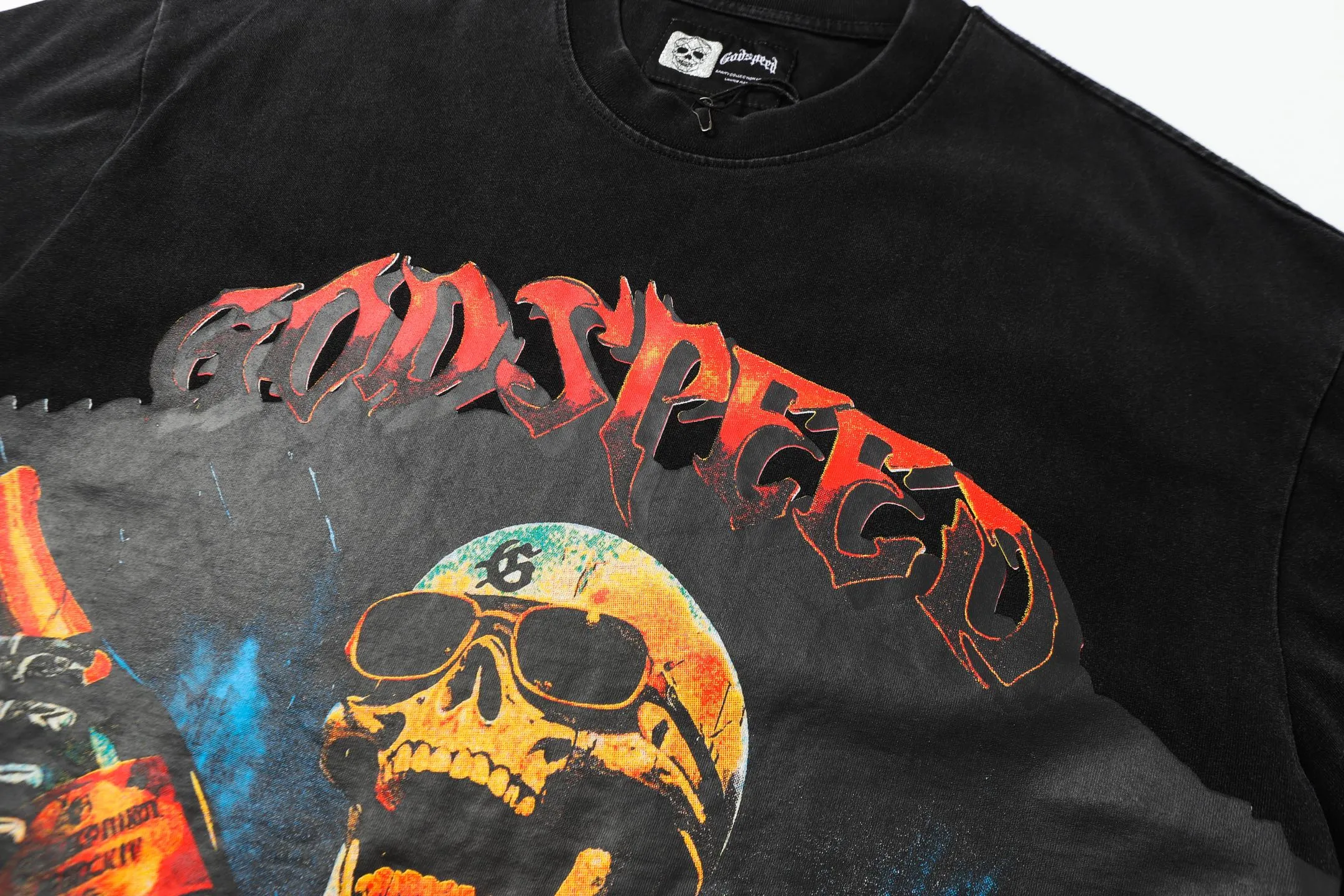 6019#washed black｜P116 Godspeed cross-border American rock and roll street washed retro style short-sleeved T (craft printing) fabric (fabric): 32 count combed double yarn 250g weight size (size): S-M-L-XL color (colour): washed black 👉