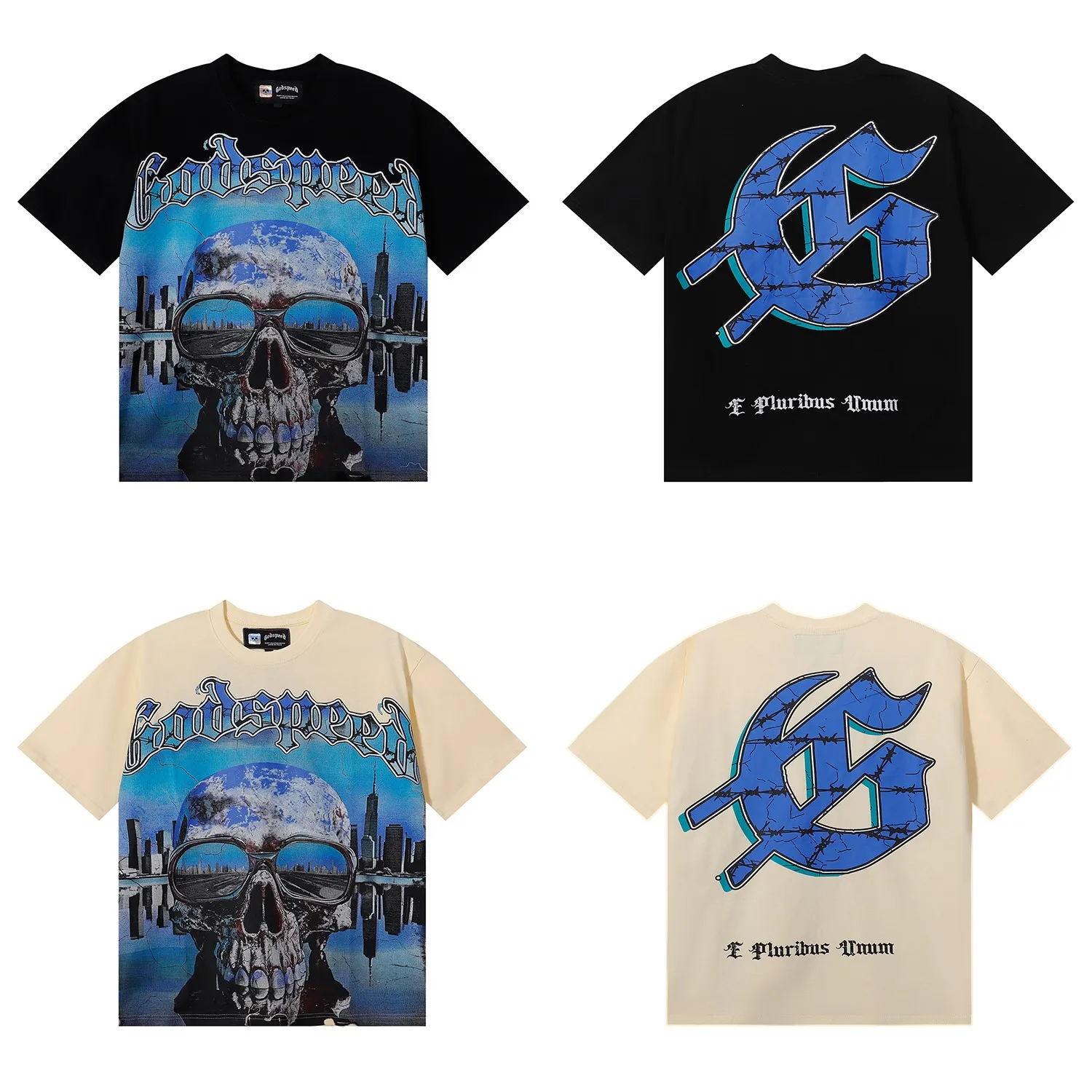 No. 7063, American fashion Godspeed skull city reflection print high weight double yarn pure cotton casual short-sleeved T-shirt batch 110 Color: black, apricot; Size: S M L XL