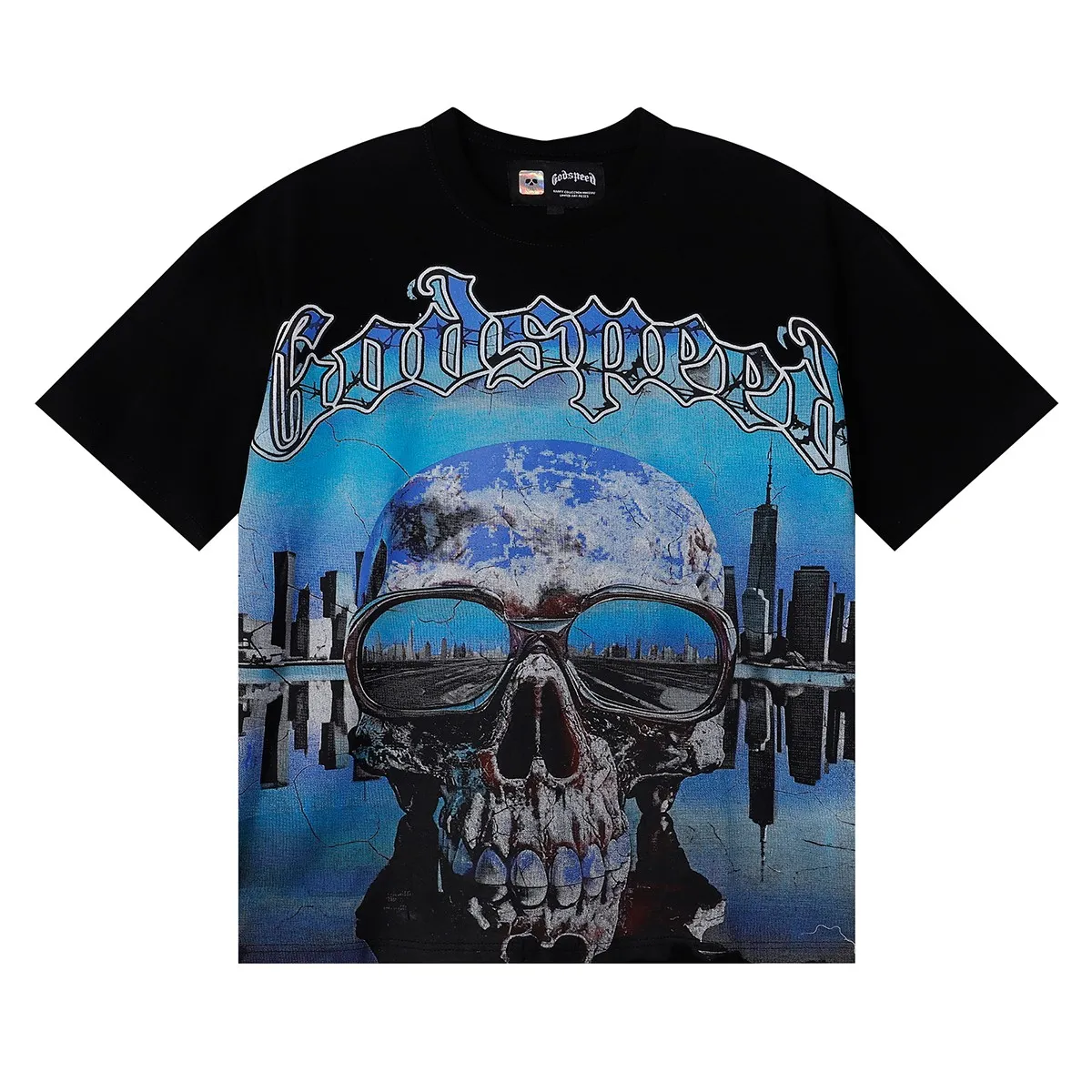 No. 7063, American fashion Godspeed skull city reflection print high weight double yarn pure cotton casual short-sleeved T-shirt batch 110 Color: black, apricot; Size: S M L XL