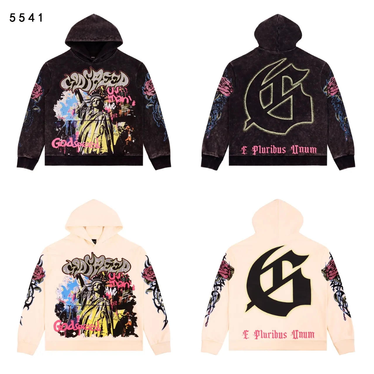 Style number: 5541 Fabric: 420g washed and distressed P196 Real shot Spot Godspeed American fashion rock street retro washed and distressed printed hooded sweatshirt Color: washed black washed apricot Size: S M L XL