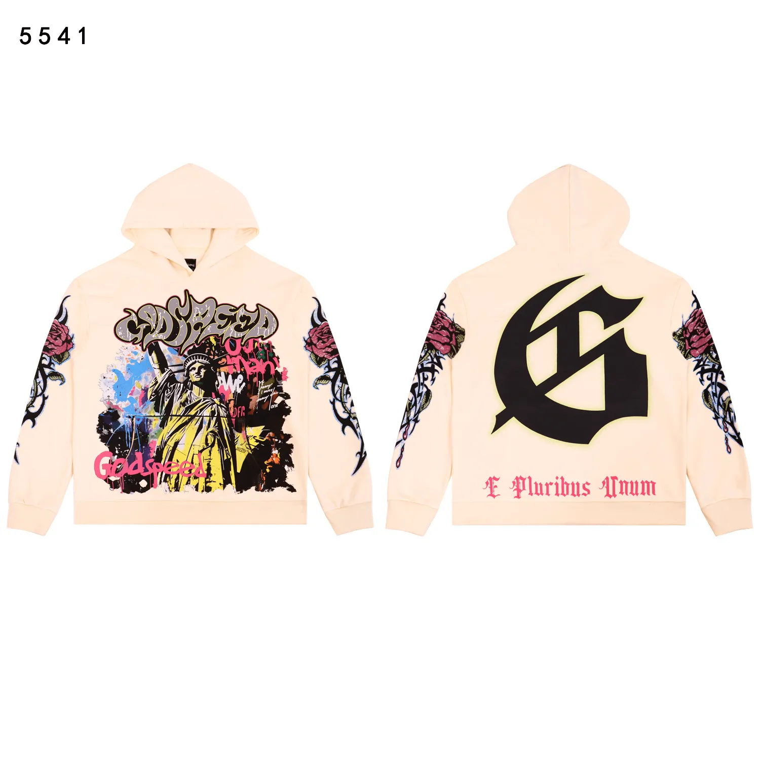 Style number: 5541 Fabric: 420g washed and distressed P196 Real shot Spot Godspeed American fashion rock street retro washed and distressed printed hooded sweatshirt Color: washed black washed apricot Size: S M L XL