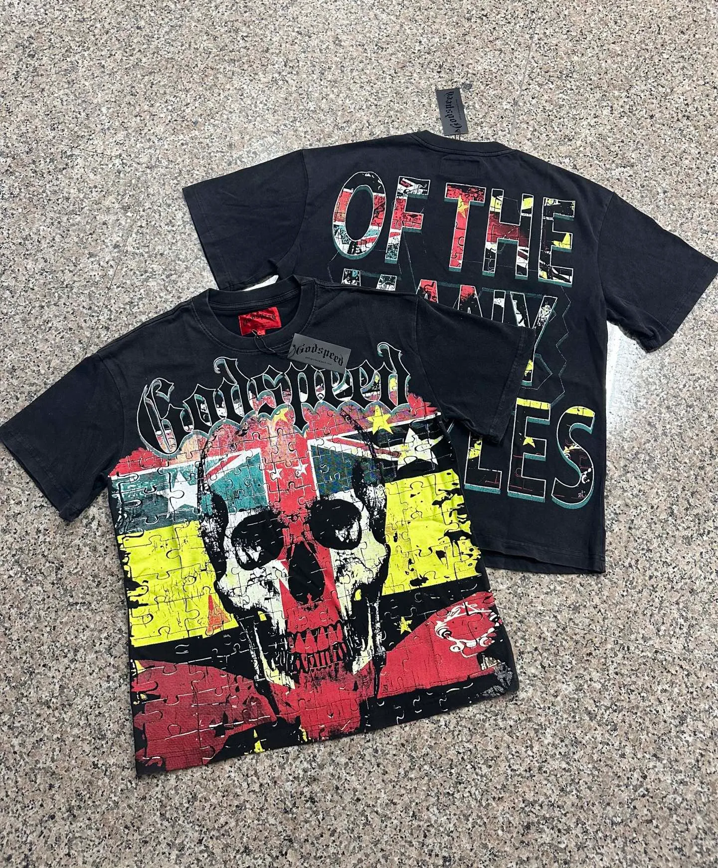 6136# Washed black I P116 Real stock (American fashion niche) Godspeed cross-border American rock and roll street washed retro style short-sleeved T (craft printing) Fabric (fabric): 32 counts combed double yarn 250 grams weight Size (size): S-M-L-XL Color (colour): Washed black