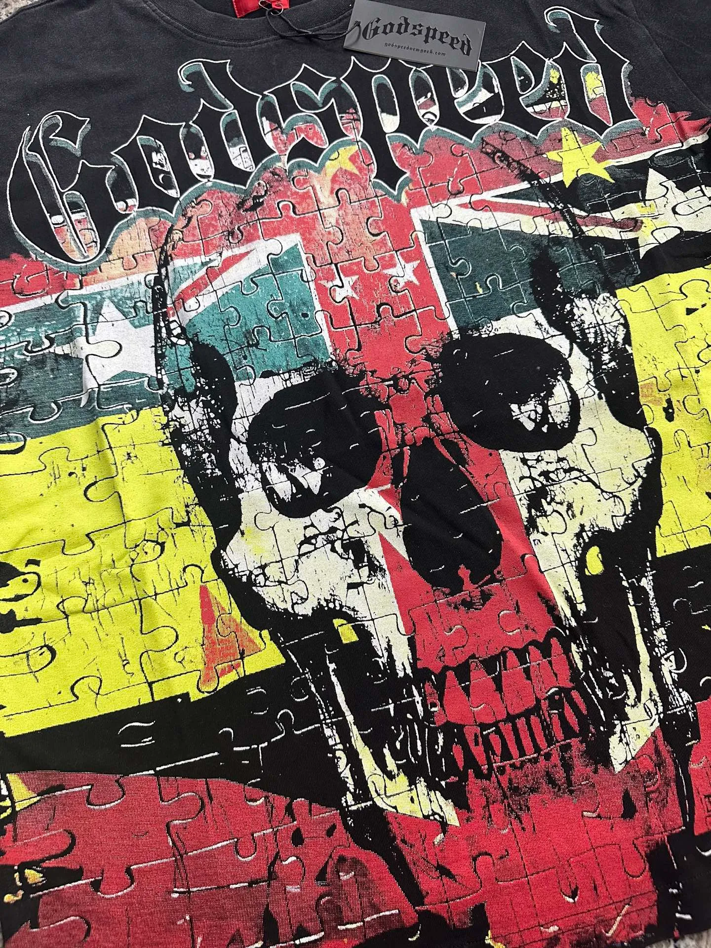 6136# Washed black I P116 Real stock (American fashion niche) Godspeed cross-border American rock and roll street washed retro style short-sleeved T (craft printing) Fabric (fabric): 32 counts combed double yarn 250 grams weight Size (size): S-M-L-XL Color (colour): Washed black