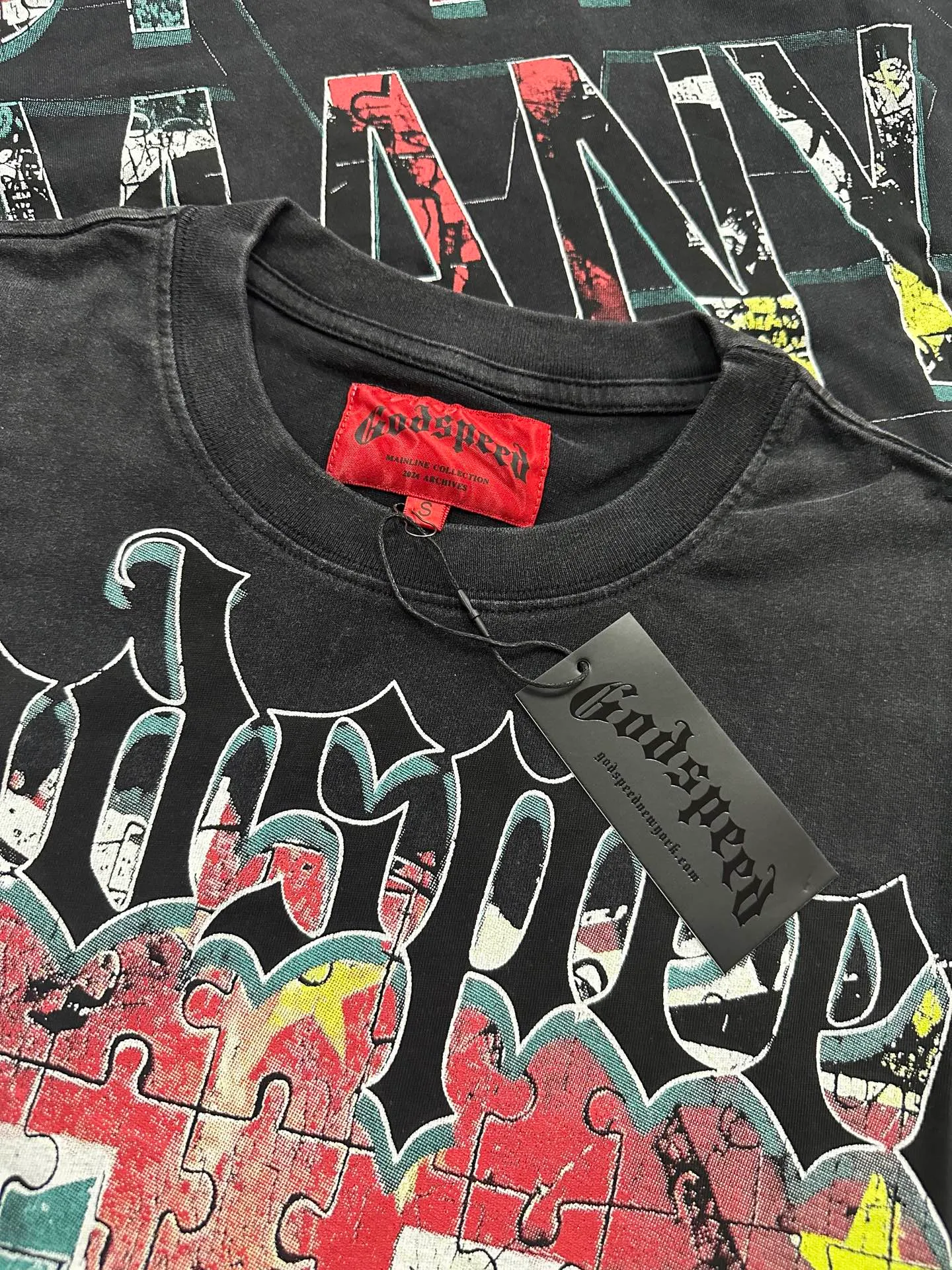 6136# Washed black I P116 Real stock (American fashion niche) Godspeed cross-border American rock and roll street washed retro style short-sleeved T (craft printing) Fabric (fabric): 32 counts combed double yarn 250 grams weight Size (size): S-M-L-XL Color (colour): Washed black