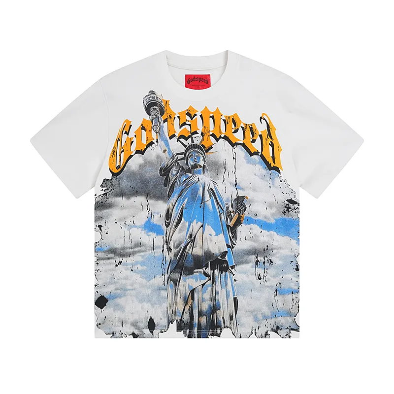 3015# P110 Real shot Godspeed American fashion rock street retro loose printed cotton short sleeves Fabric: 240g 32 count fine cotton double yarn pure cotton Color: off-white apricot Size: S M L XL