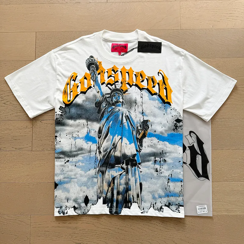 3015# P110 Real shot Godspeed American fashion rock street retro loose printed cotton short sleeves Fabric: 240g 32 count fine cotton double yarn pure cotton Color: off-white apricot Size: S M L XL