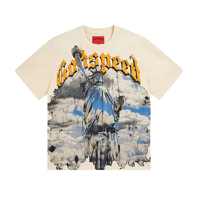 3015# P110 Real shot Godspeed American fashion rock street retro loose printed cotton short sleeves Fabric: 240g 32 count fine cotton double yarn pure cotton Color: off-white apricot Size: S M L XL
