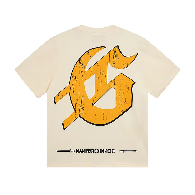 3015# P110 Real shot Godspeed American fashion rock street retro loose printed cotton short sleeves Fabric: 240g 32 count fine cotton double yarn pure cotton Color: off-white apricot Size: S M L XL