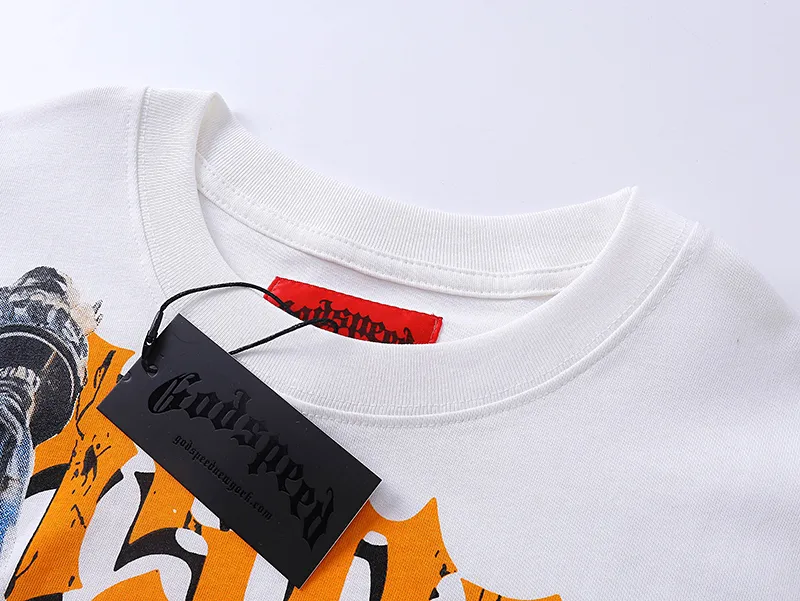 3015# P110 Real shot Godspeed American fashion rock street retro loose printed cotton short sleeves Fabric: 240g 32 count fine cotton double yarn pure cotton Color: off-white apricot Size: S M L XL