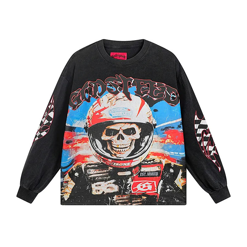 1102# P160 Washed Black Real Shot Godspeed American Fashion Rock Street Retro Washed Distressed Printed Pure Cotton Short Sleeves Fabric: 270g 32 Count Fine Cotton Double Yarn Pure Cotton Color: Washed Black Size: S M L XL