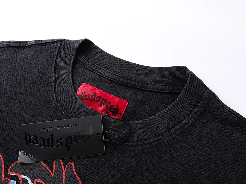 1102# P160 Washed Black Real Shot Godspeed American Fashion Rock Street Retro Washed Distressed Printed Pure Cotton Short Sleeves Fabric: 270g 32 Count Fine Cotton Double Yarn Pure Cotton Color: Washed Black Size: S M L XL