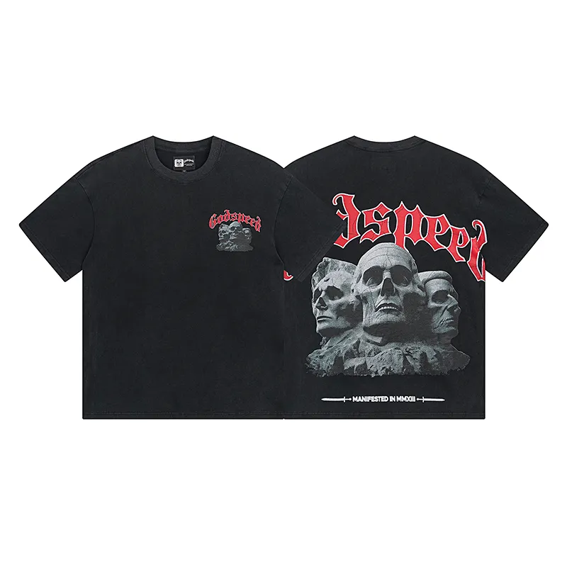 1059# P126 Washed Black Real Shot Godspeed American Fashion Rock Street Retro Washed Distressed Printed Cotton Short Sleeves Fabric: 250g 32 Count Fine Cotton Double Yarn Pure Cotton Color: Washed Black Size: S M L XL