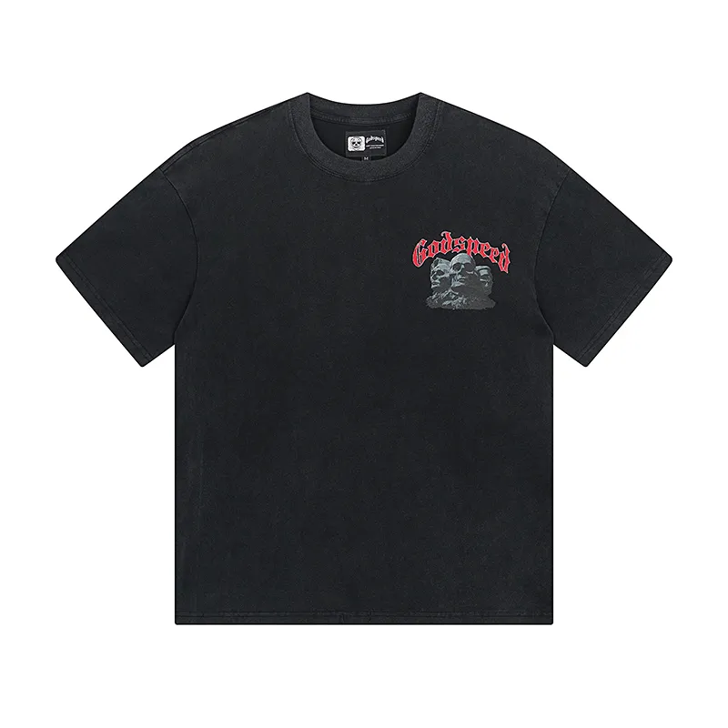 1059# P126 Washed Black Real Shot Godspeed American Fashion Rock Street Retro Washed Distressed Printed Cotton Short Sleeves Fabric: 250g 32 Count Fine Cotton Double Yarn Pure Cotton Color: Washed Black Size: S M L XL