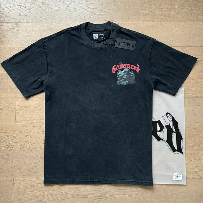 1059# P126 Washed Black Real Shot Godspeed American Fashion Rock Street Retro Washed Distressed Printed Cotton Short Sleeves Fabric: 250g 32 Count Fine Cotton Double Yarn Pure Cotton Color: Washed Black Size: S M L XL