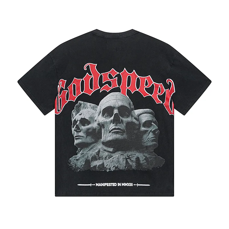 1059# P126 Washed Black Real Shot Godspeed American Fashion Rock Street Retro Washed Distressed Printed Cotton Short Sleeves Fabric: 250g 32 Count Fine Cotton Double Yarn Pure Cotton Color: Washed Black Size: S M L XL
