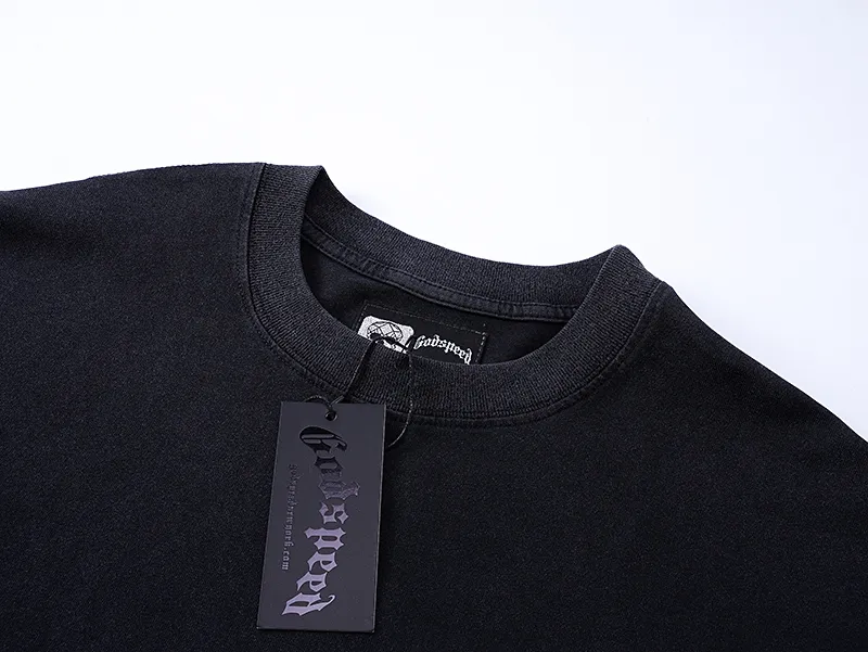 1059# P126 Washed Black Real Shot Godspeed American Fashion Rock Street Retro Washed Distressed Printed Cotton Short Sleeves Fabric: 250g 32 Count Fine Cotton Double Yarn Pure Cotton Color: Washed Black Size: S M L XL