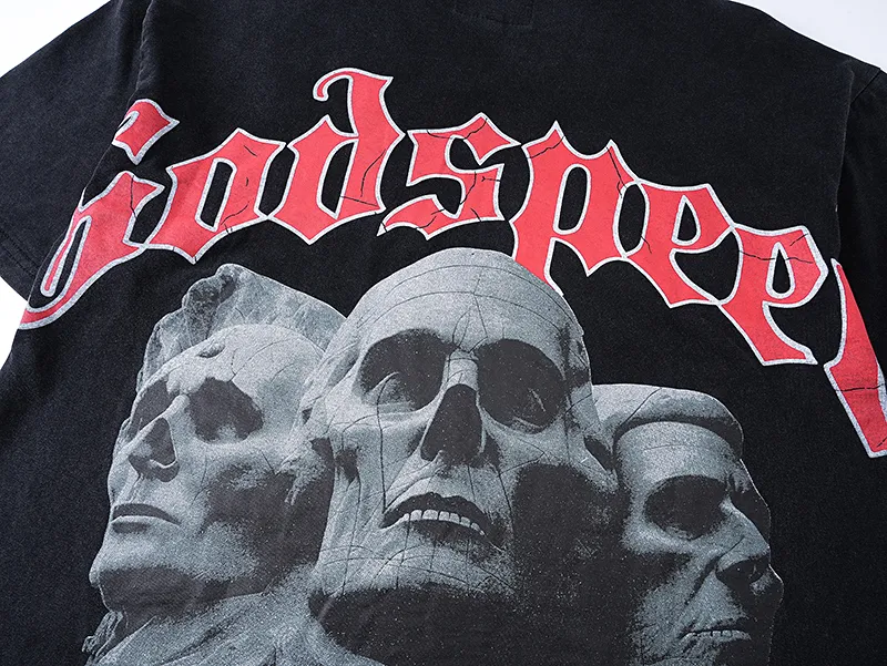 1059# P126 Washed Black Real Shot Godspeed American Fashion Rock Street Retro Washed Distressed Printed Cotton Short Sleeves Fabric: 250g 32 Count Fine Cotton Double Yarn Pure Cotton Color: Washed Black Size: S M L XL