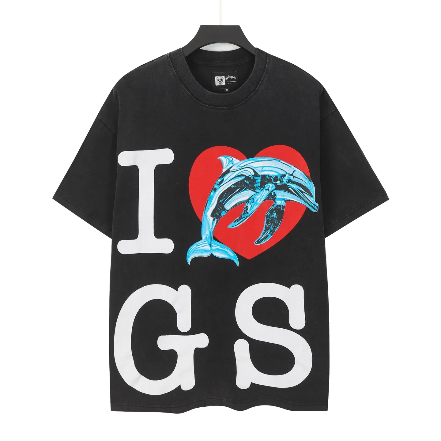 6082#washed black I P116 Godspeed cross-border American rock and roll street washed retro style short-sleeved T (craft printing) fabric (fabric): 32 count combed double yarn 250 grams weight code number (size): S-M-L-XL color (colour): washed black