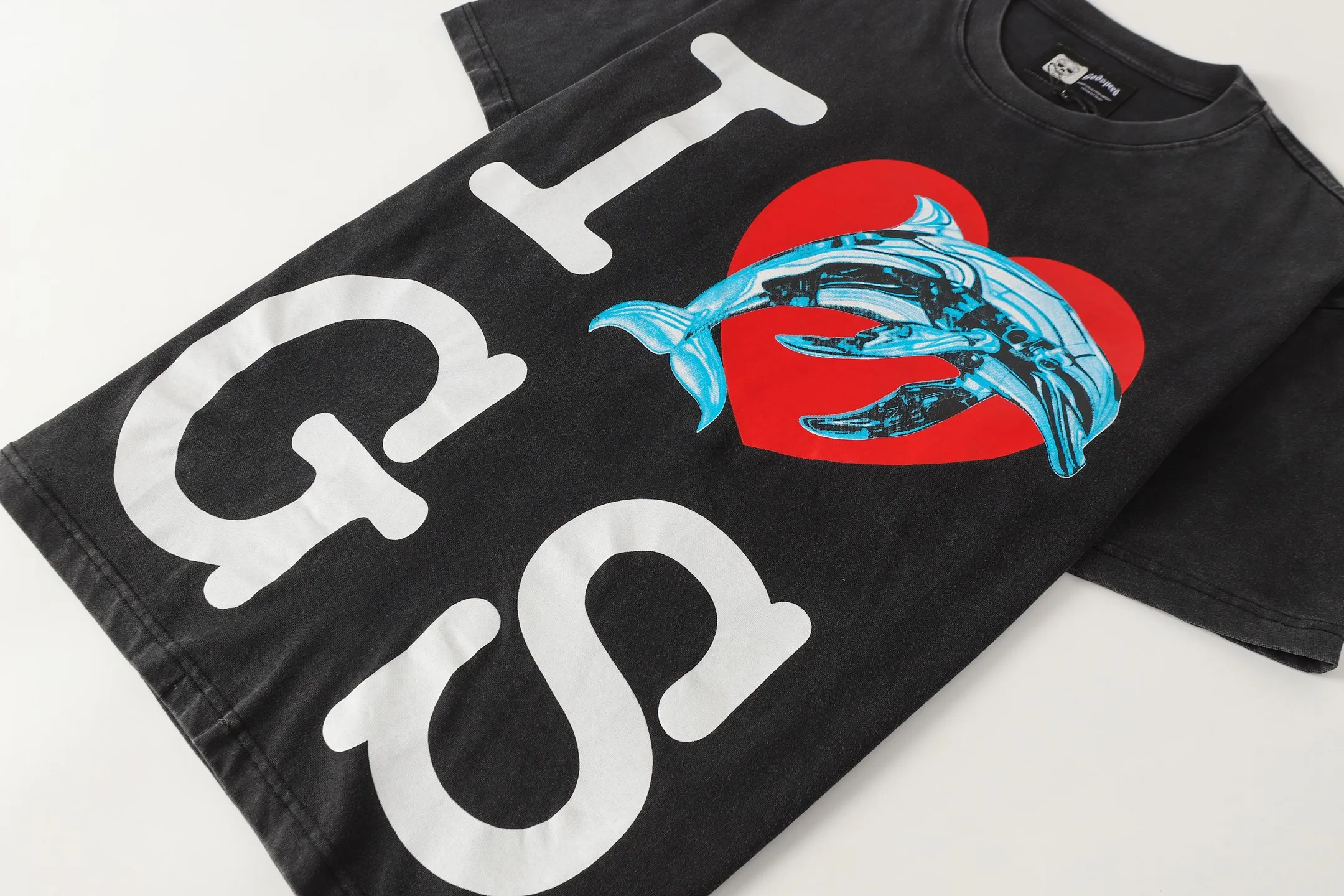 6082#washed black I P116 Godspeed cross-border American rock and roll street washed retro style short-sleeved T (craft printing) fabric (fabric): 32 count combed double yarn 250 grams weight code number (size): S-M-L-XL color (colour): washed black