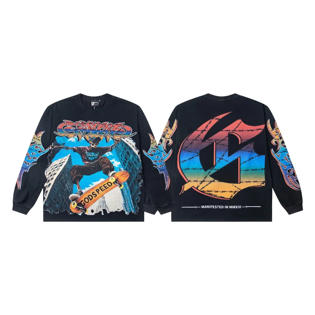 G47# GodSpeed ​​white ink direct spray washed long sleeve S-XL size black (washed) P156 apricot P146