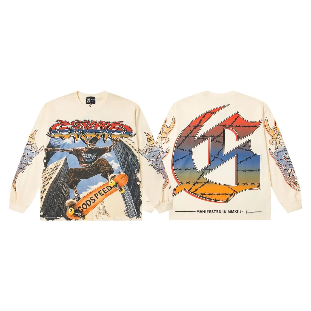 G47# GodSpeed ​​white ink direct spray washed long sleeve S-XL size black (washed) P156 apricot P146